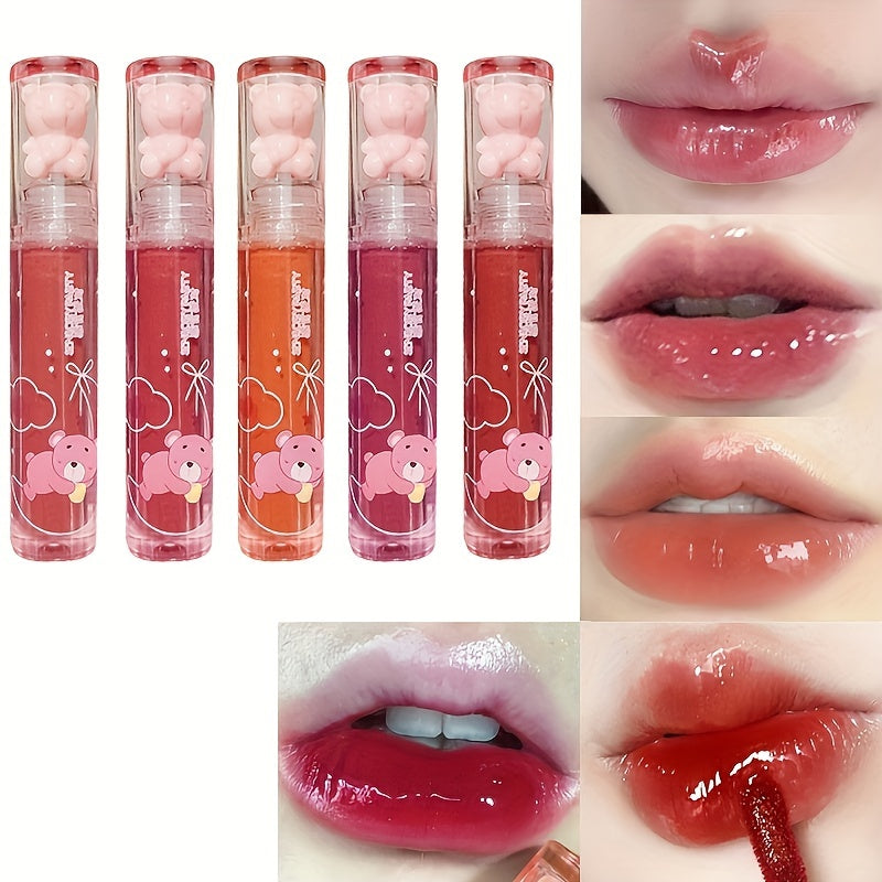 TEMU 5pcs Set Setstrawberry Bear Cherry Lip Gloss, Cute Bear, , Jelly Lips With Sparkling Dew, Waterproof And Stain-resistant Transparent Film Lip