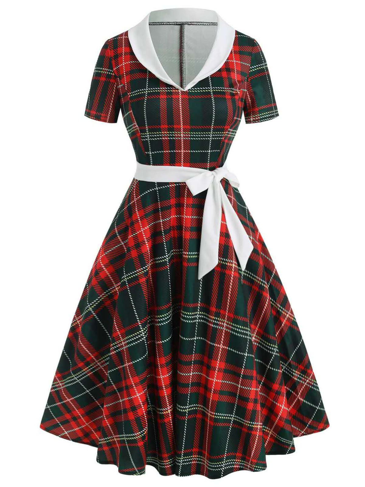 Retro Stage Tartan Red Plaid Bow Swing Dress Red,S