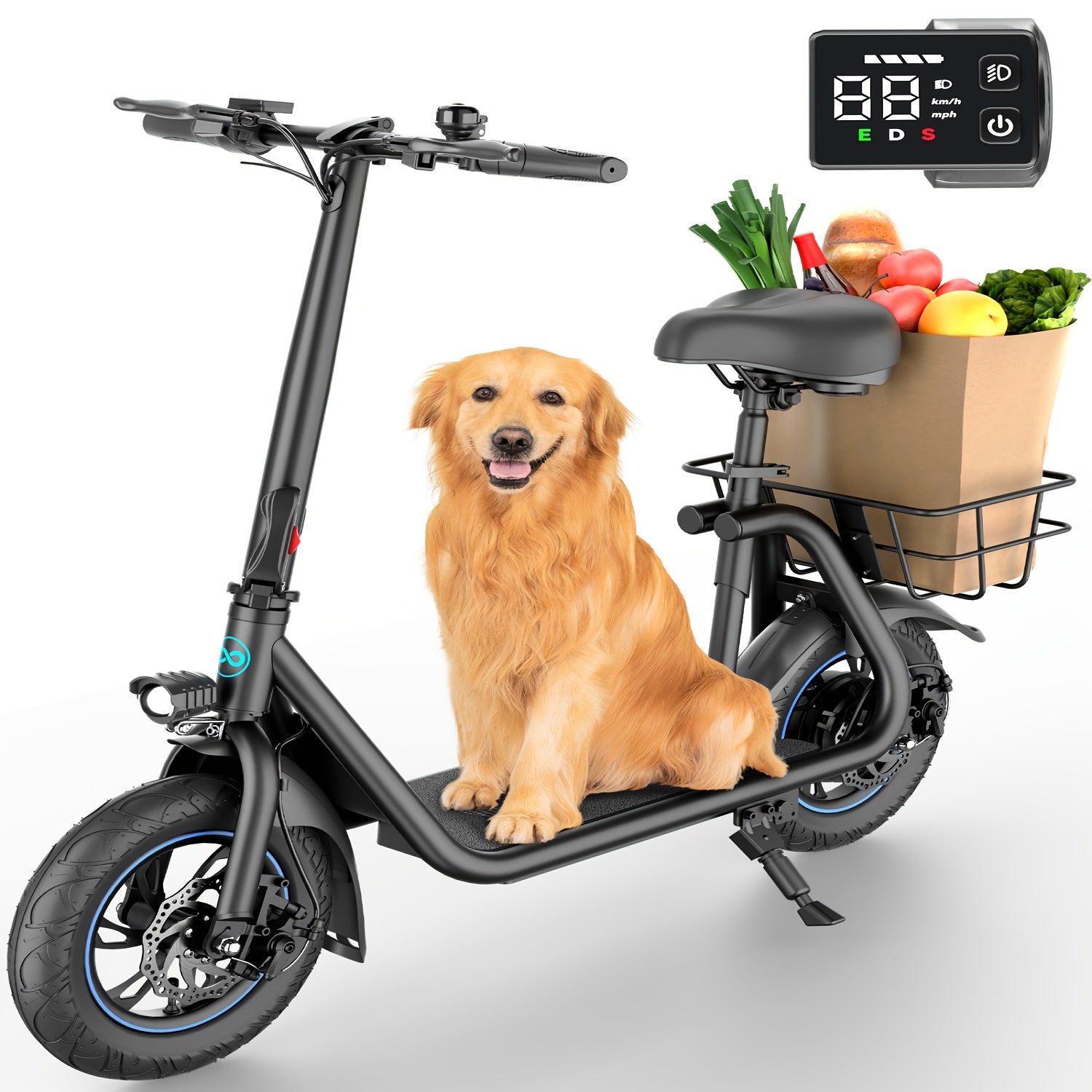 TEMU 450w Electric Scooter With Seat For Adult, 12 Inch Commuter Electric Scooter With Basket - Up To 21 Miles 15.5mph, Daily , City Transportation,