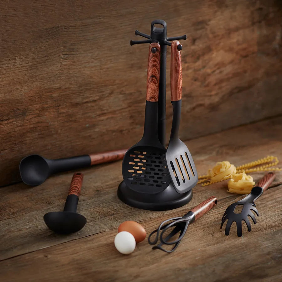 Karaca Woody 6 Piece Kitchen Utensil Set with Stand, Black Wood