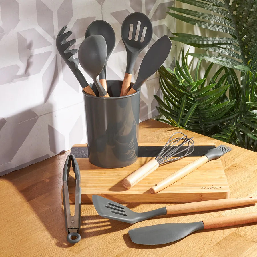 Karaca Darcy 10 Piece Kitchen Utensil Set with Utensil Holder, Grey Wood