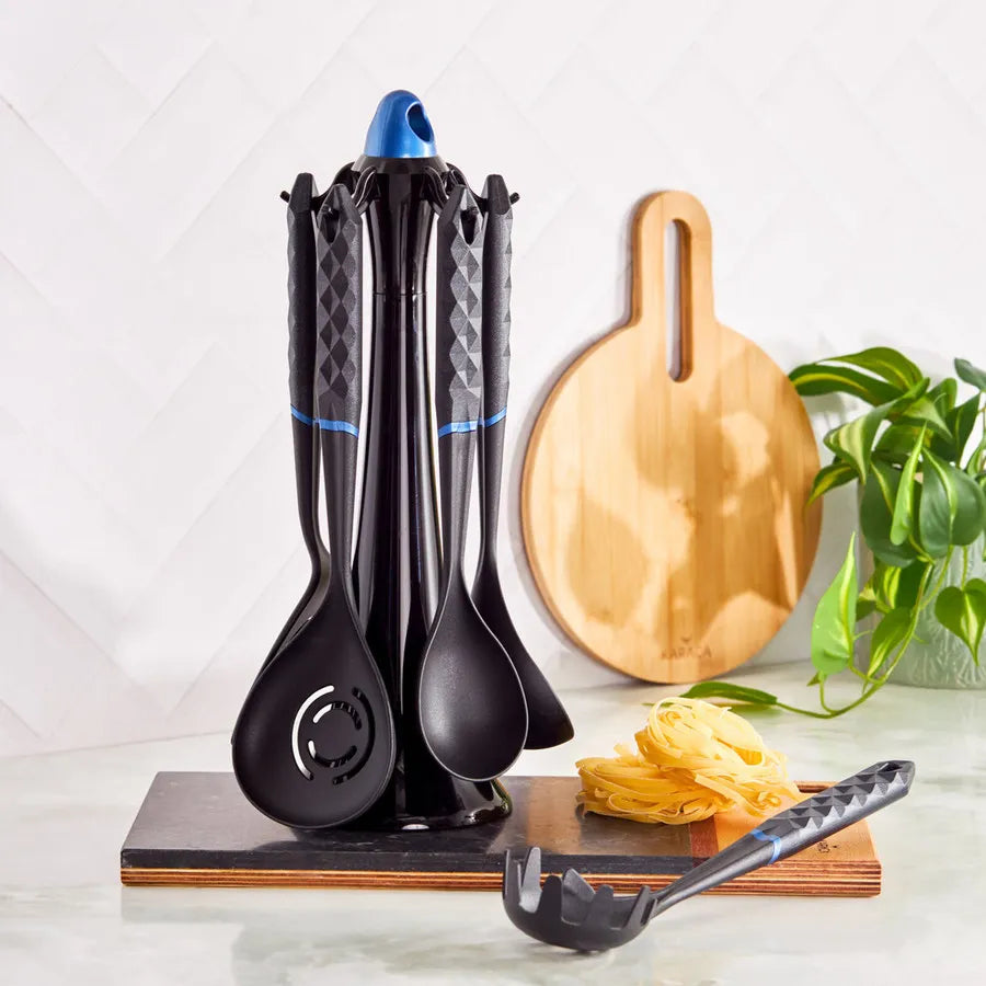 Karaca Diamond 5 Piece Kitchen Utensil Set with Stand, Black Blue