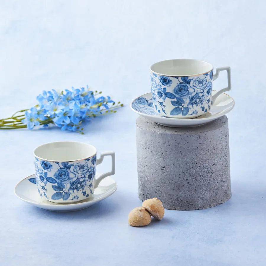 Karaca Manolya 4-Piece Porcelain Tea Cup and Saucer Set for 2 People, 230ml, Multi