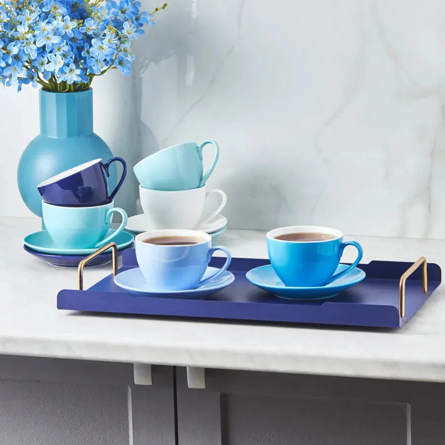 Karaca 12 Piece New Generation Bone Tea Cup and Saucer Set for 6 People, 220ml, Shades of Blue