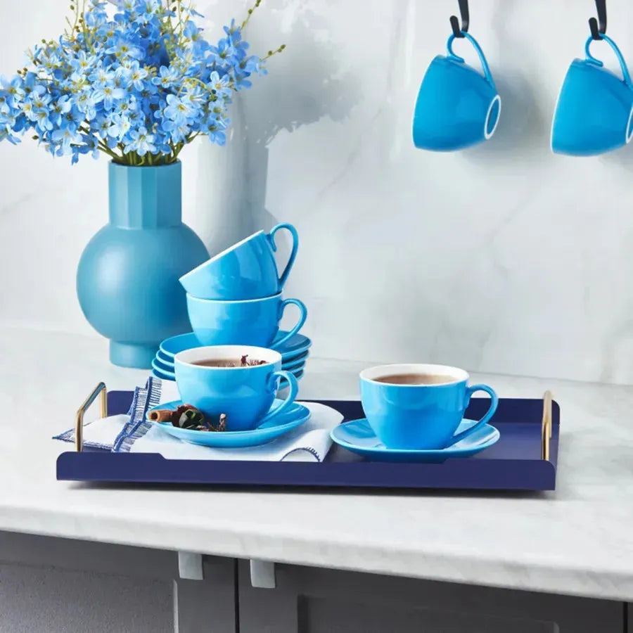 Karaca 12 Piece New Generation Bone Tea Cup and Saucer Set for 6 People, 220ml, Blue