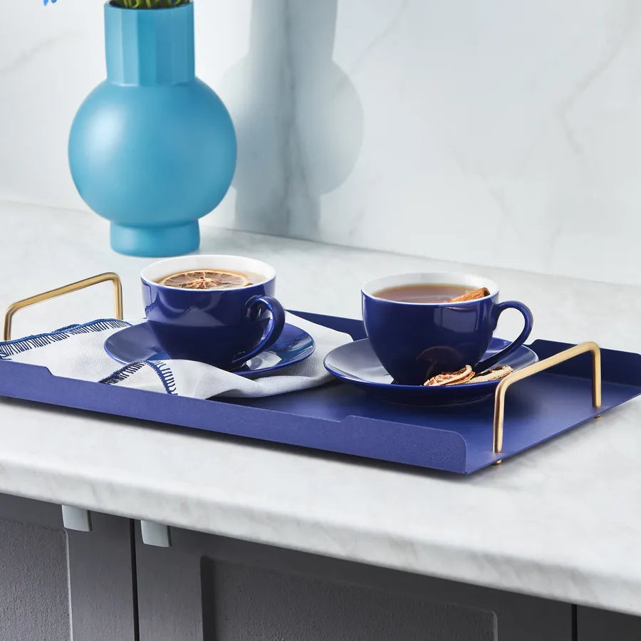 Karaca 12 Piece New Generation Bone Tea Cup and Saucer Set for 6 People, 220ml, Navy Blue