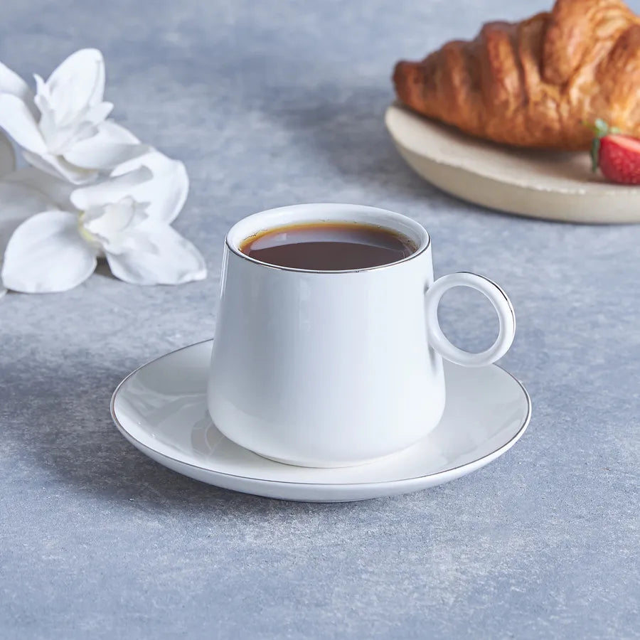 Karaca Ball 4 Piece Porcelain Tea Cup and Saucer Set for 2 People, 220ml, White Platinum