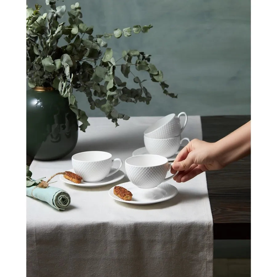 Karaca Punto 8 Piece Embossed New Generation Bone Tea Cup and Saucer Set for 4 People, 220ml, White