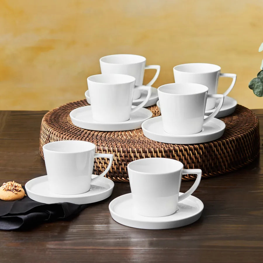 Karaca Salvare 12 Piece New Generation Bone Tea Cup and Saucer Set for 6 People, 260ml, White