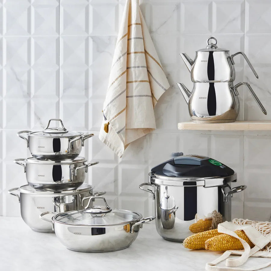 Karaca Sofya 13-Piece Stainless Steel Induction Cookware Set, Pressure Cooker and Teapot Set, Silver