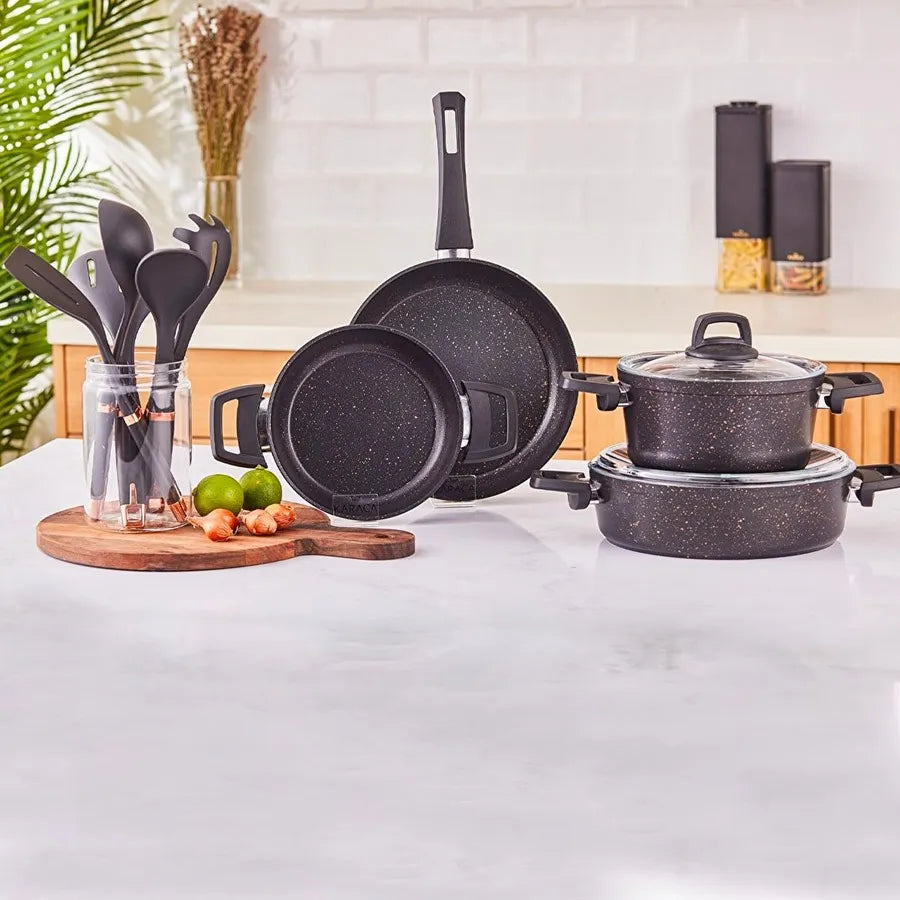Karaca Biogranite Black Gold 11-Piece Non-Stick Cookware Set with Kitchen Utensil Set, Black Gold