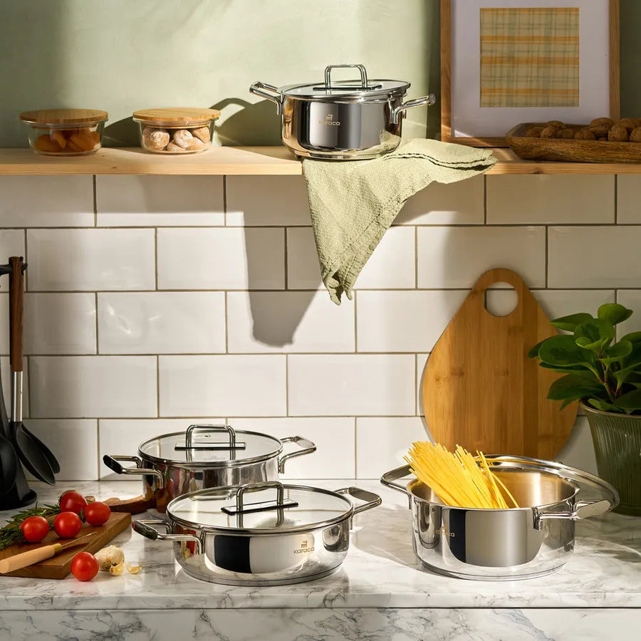 Karaca Arya 8-Piece Stainless Steel Induction Cookware Set, Silver