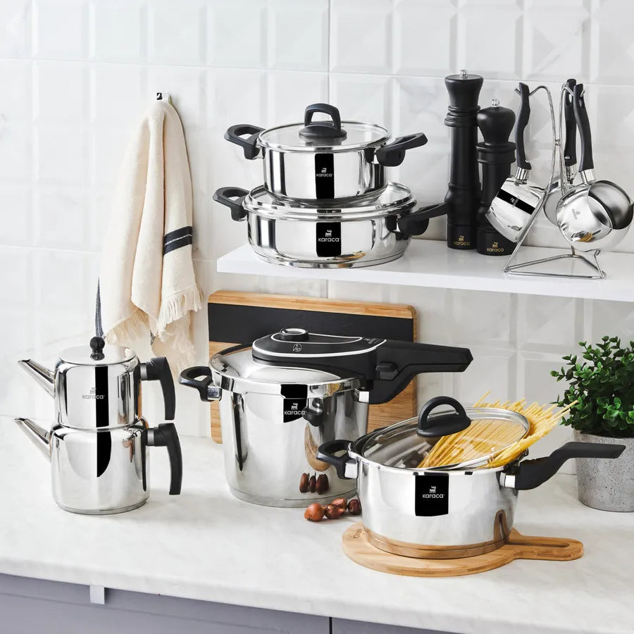Karaca Elena 15-Piece Stainless Steel Induction Cookware Set with Teapot, Pressure Cooker and Turkish Coffee Pot Set with Stand, Black Silver