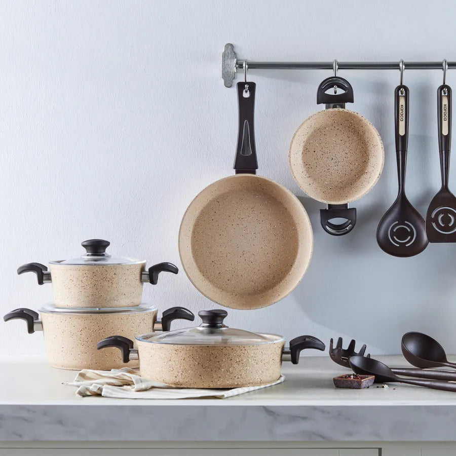 Karaca Hazel Biogranite 13-Piece Cookware Set with Kitchen Utensil Set, Brown Black