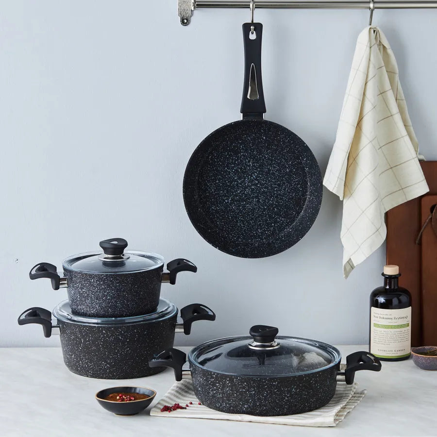 Karaca Defne Biogranite 7-Piece Non-Stick Cookware Set, Black Grey