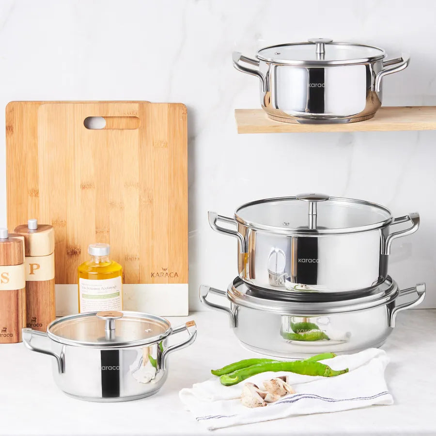 Karaca Alaz 8-Piece Stainless Steel Induction Cookware Set, Silver