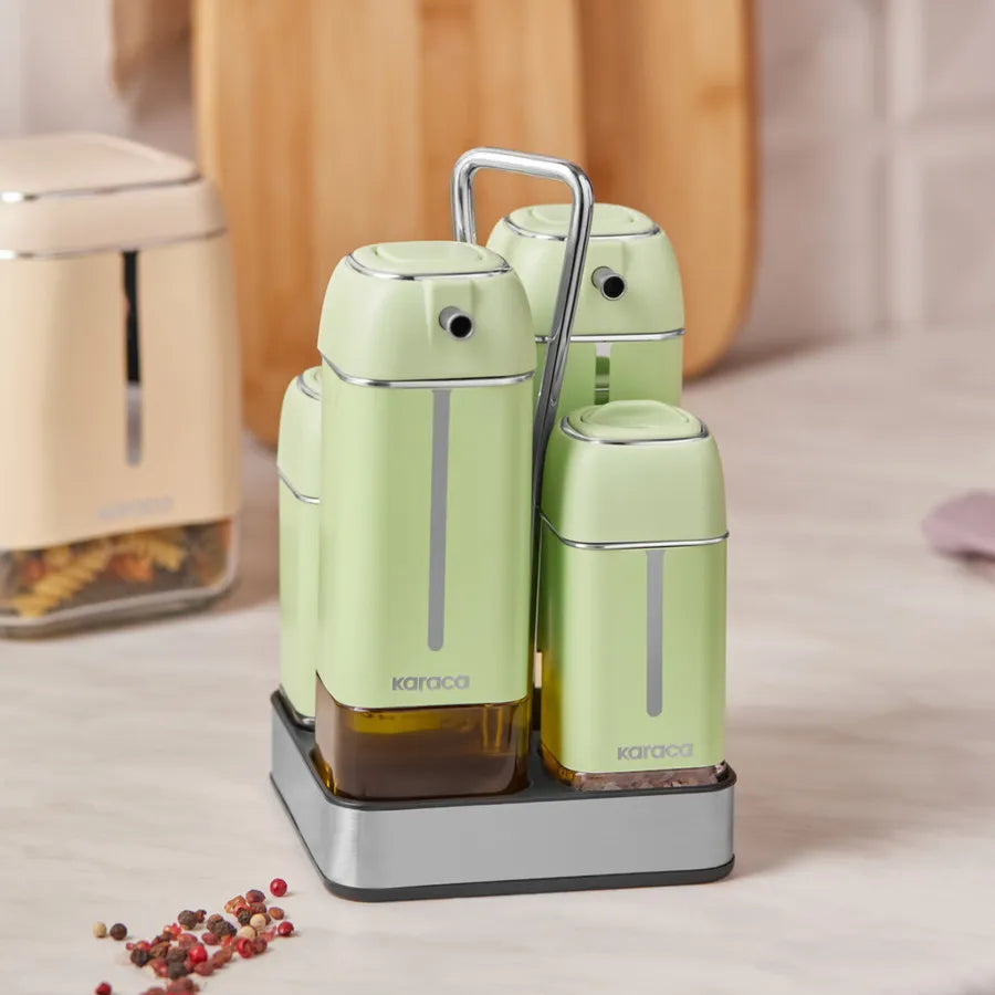 Karaca Horizon 4 Piece Glass Salad Sauce Set with Stand, Green