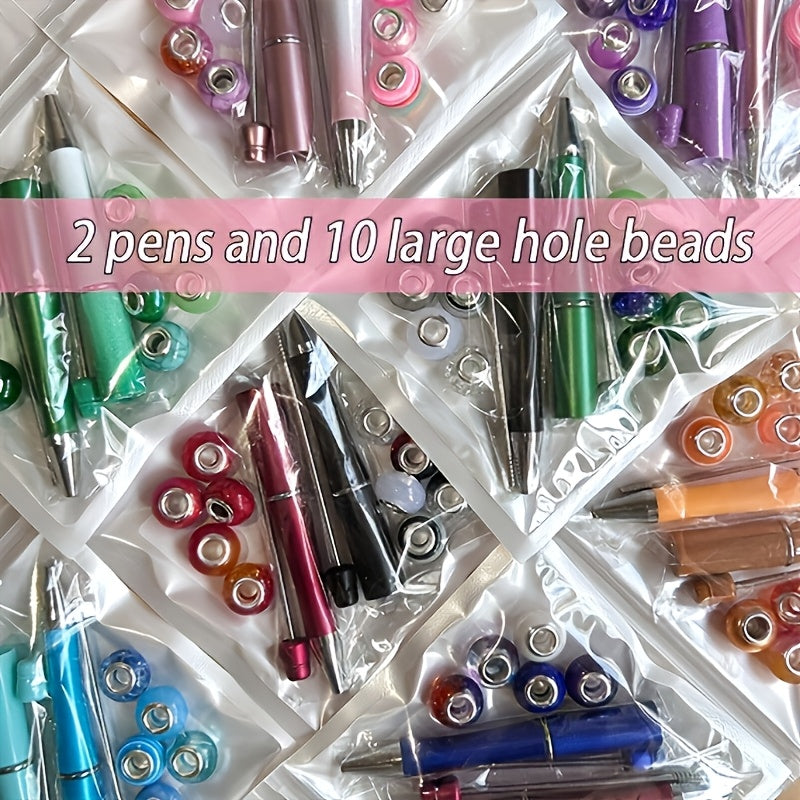 TEMU 12pcs Set Village Creative Diy Personality Pen Set, Including 2 Ballpoint Pens And 10 European Large Hole Beads, Black Ink, Plastic Material,