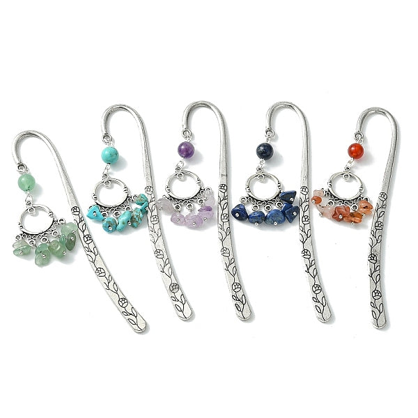 5Pcs 5 Style Ring Alloy Pendant Bookmarks with Gemstone Chip Tassels