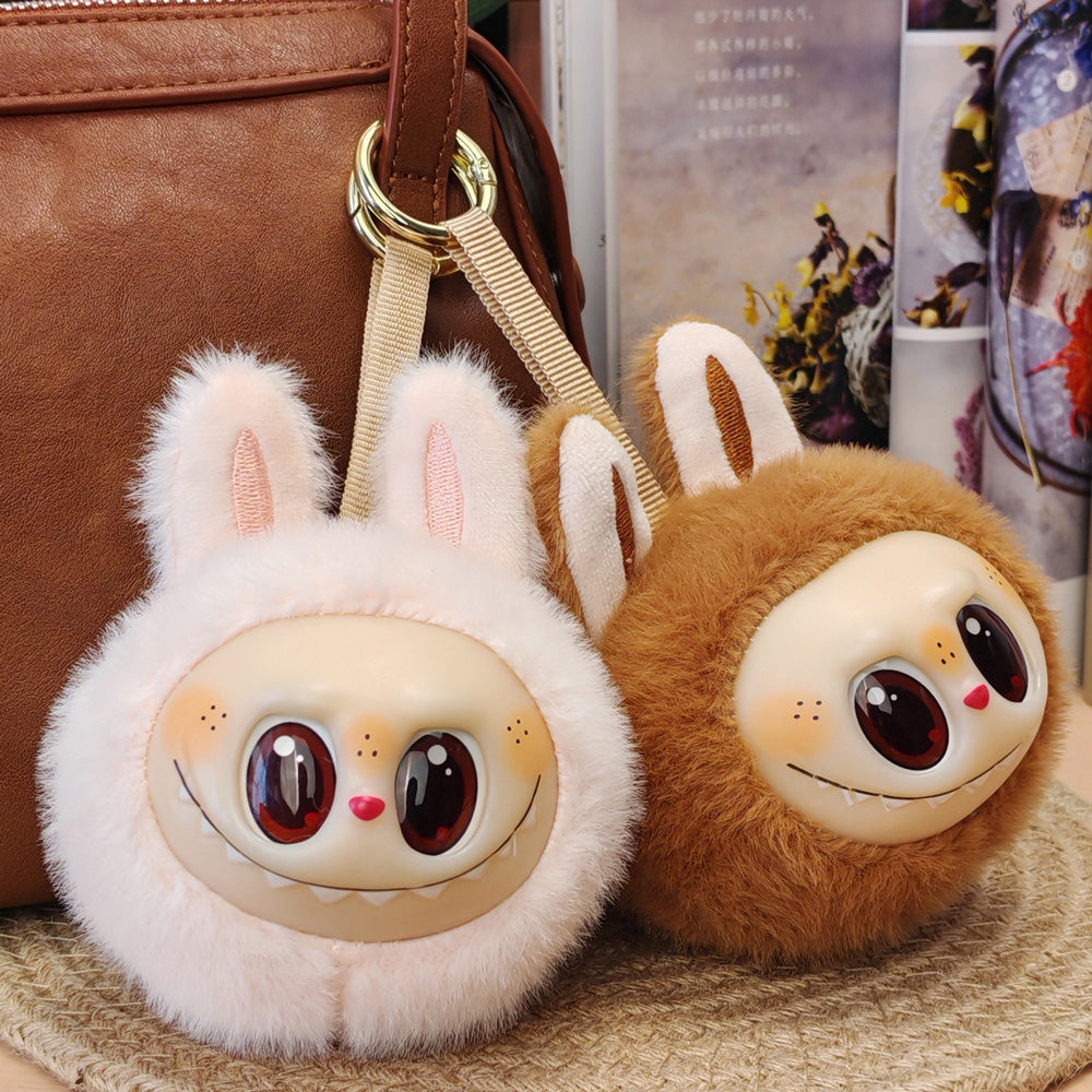 Wholesale Cute Labubu Flocked Plush Keychain Cartoon Doll Backpack Charm and Car Keychain Mini Gift Popular plush dolls of internet celebrities