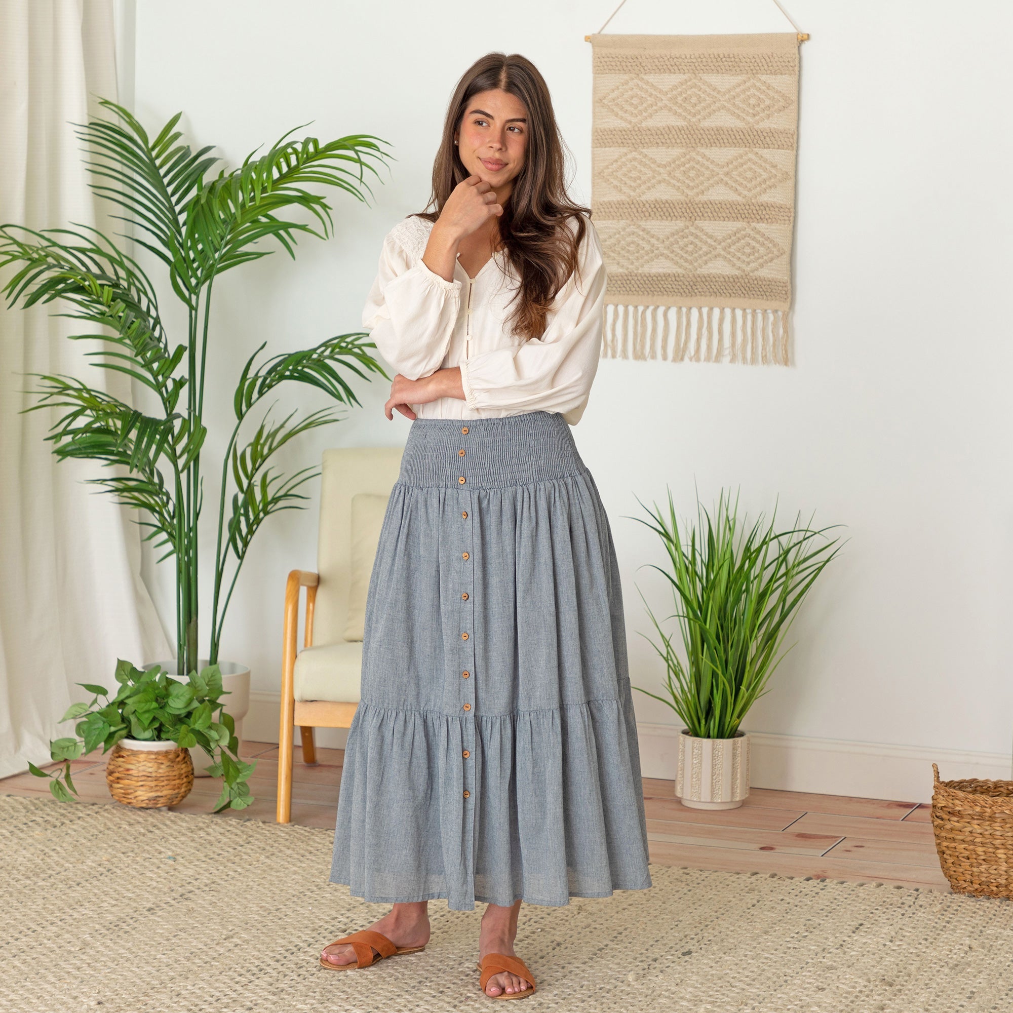 Chambray Button Down Long Skirt - 3X