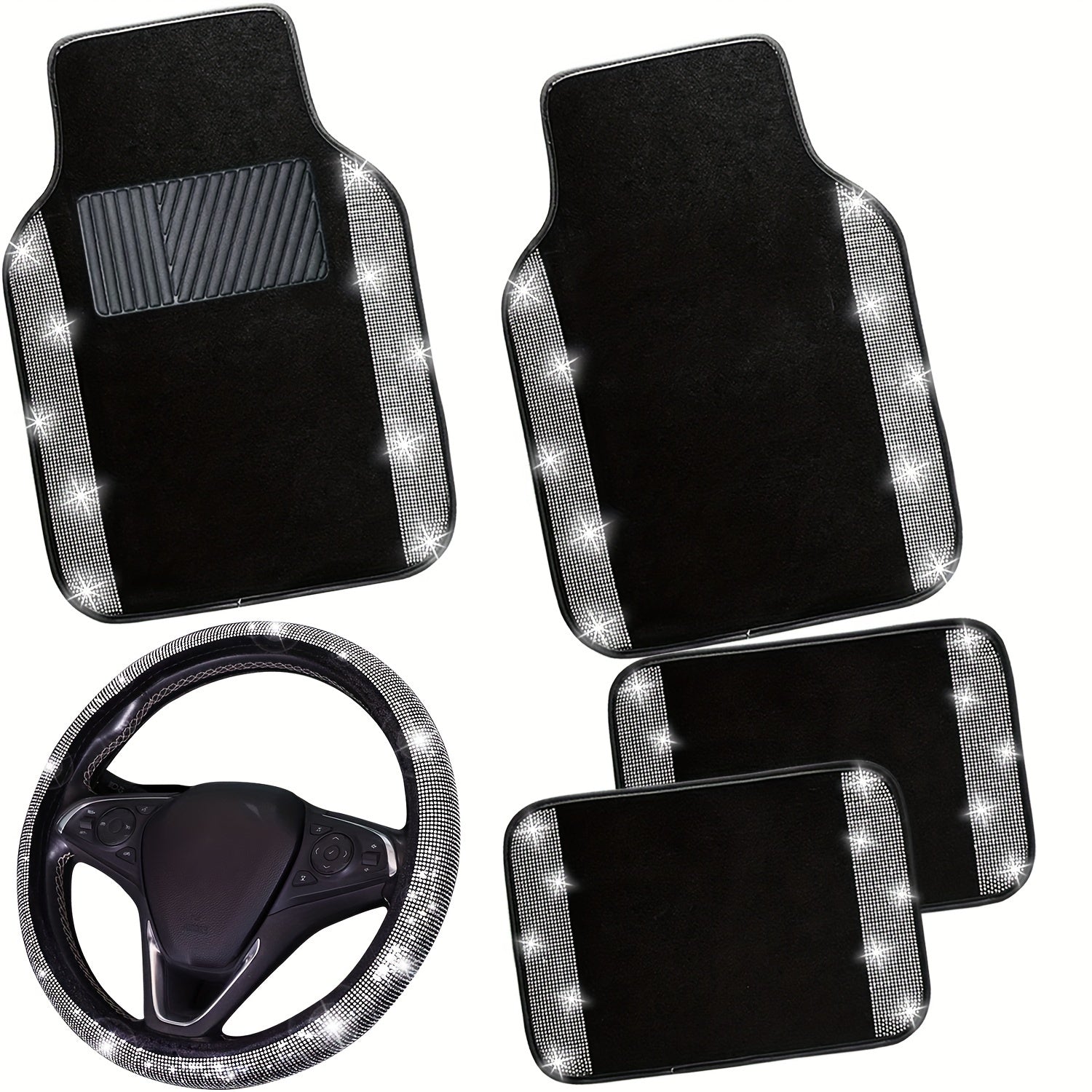 TEMU Bling Steering Wheel Cover And Waterproof Bling Car Floor Mats Full Sets, Universal Fit Most Cars, Suv, Trucks, 4pcs Artificial Sparkle Glitter