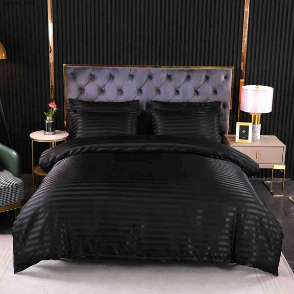 Bedding sets Luxury Bedding Set Black Satin Duvet Cover Twin Full Queen King Size Stripes Super Soft Cozy Bed Linen Quilt Cover L240910