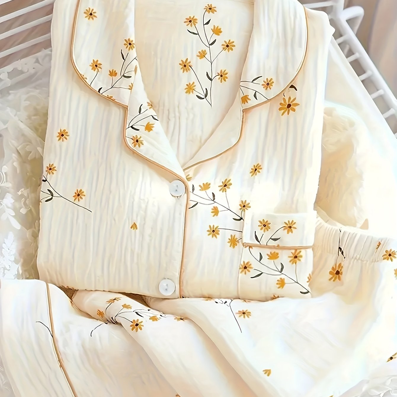 TEMU Bubble Crinkle Floral Print Long Sleeve Long Pants Pajama Set, Out