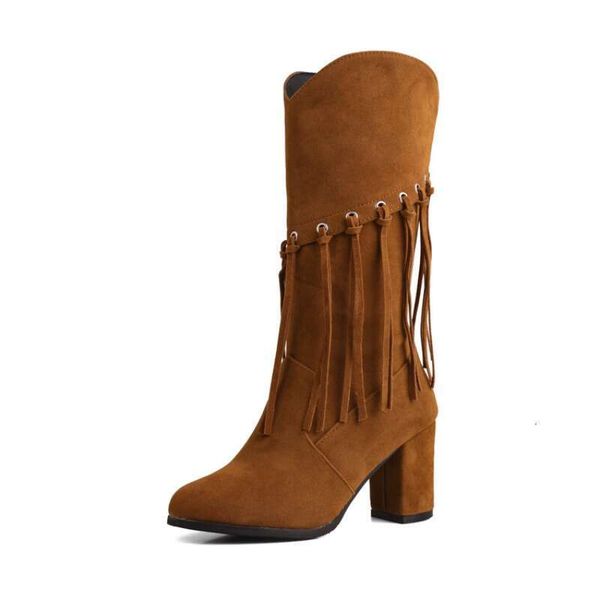 7cm Square Heel Pointed artificial Suede Calf Metal Decoration Tassel Zipper Denim Skirt Bohemian Winter Boots 35-45