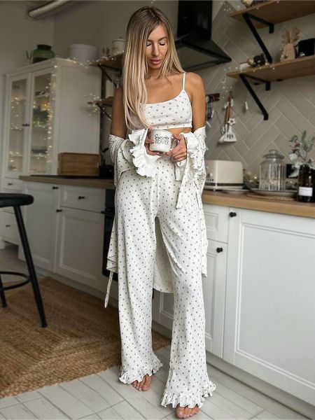 Hiloc 3 Piece Set Print Sleepwear Women Pama Spaghetti Strap Ruffle Robe Sets With Belt Casual Loose High Waist Pamas 2024