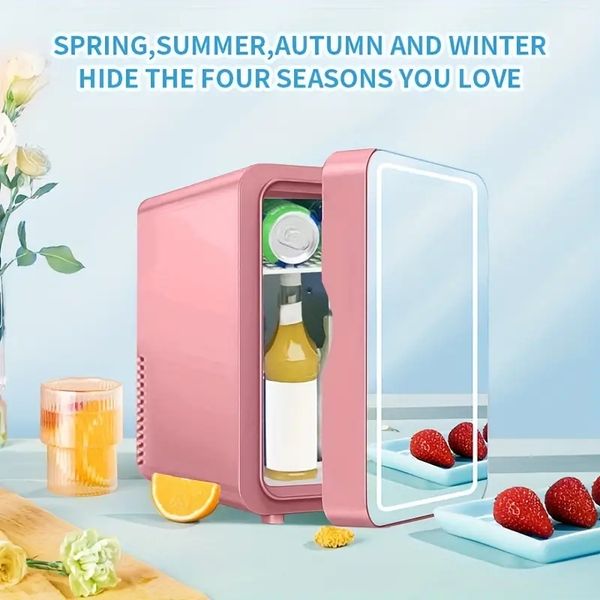Mini Fridge, LED Mirrored Beauty Fridge, 8L Mini Refrigerator, Portable Compact Personal Fridge Cooler, AC-DC Thermoelectric Cooler And Heat