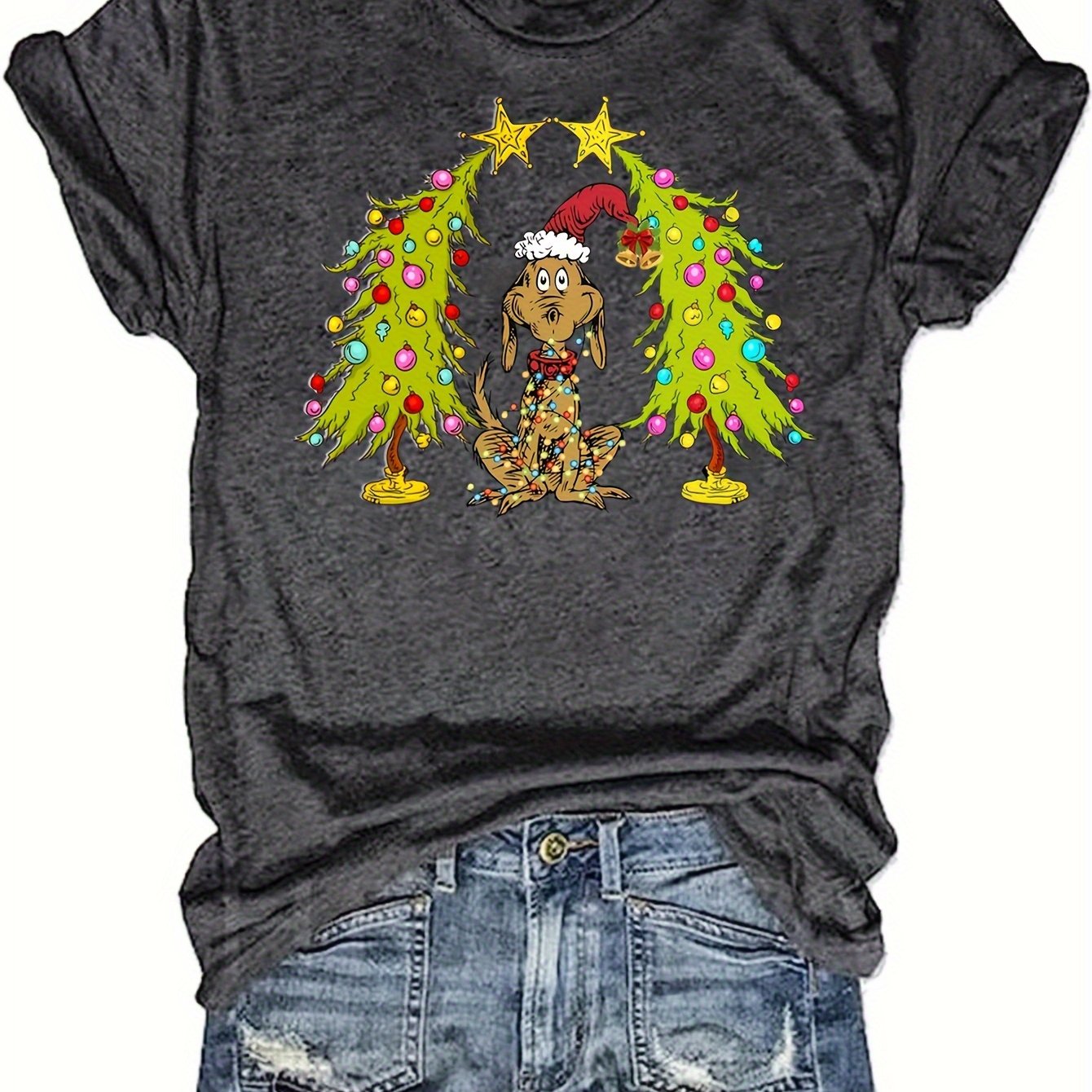 TEMU Women's Christmas T-shirt - Santa Hat & Christmas Trees Graphic Tee, Gray , Machine Washable Casual Top For , New Year's Eve, Outfits -