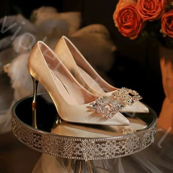 French-Style Wedding Shoes Bride Design Crystal Thin Heels Pumps Women Elegant Pointed Toe High-Heeled Shoes Woman Prom Shoes 505