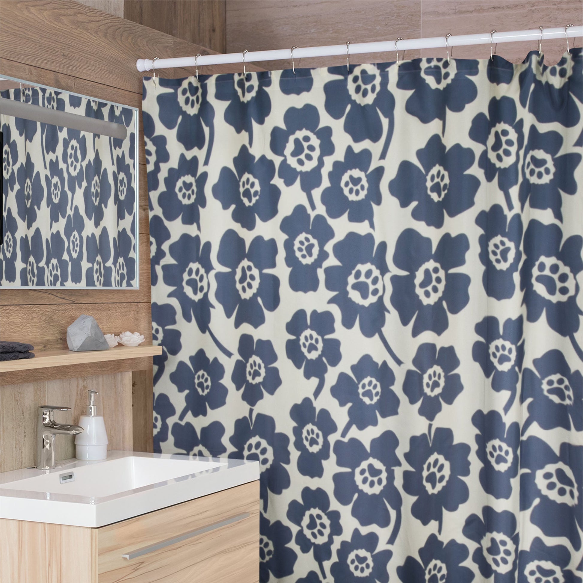 Pawsitively Pretty Shower Curtain with 12 Hooks - Navy & Cream Paw Print