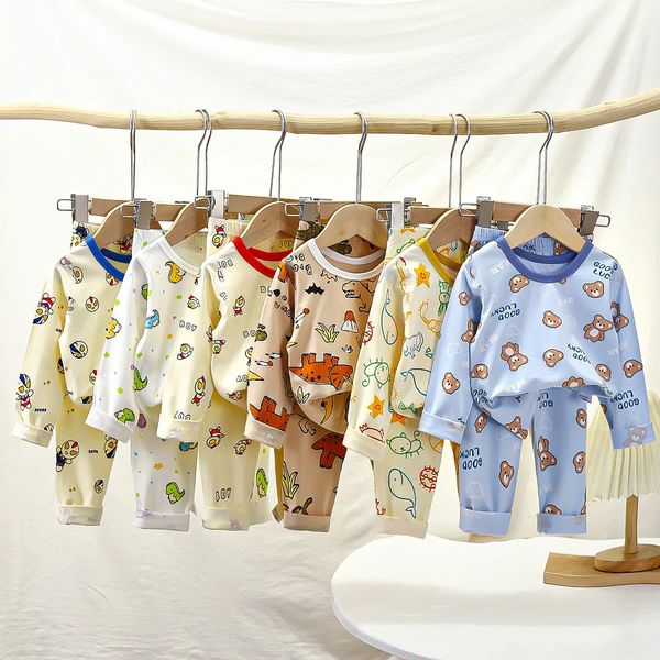 Childrens 2PCS Underwear Set Autumn Cotton Printed Long Sleeve Stretch Kids Girls Pajamas Little Baby Boys Sleepwears 241118