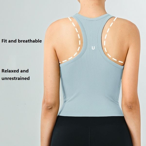 UU-Women Yoga Tank Shirts High Elastic Ribbed Sports Vest With Chest Pad Integrated Seamless Nude H-shaped Running