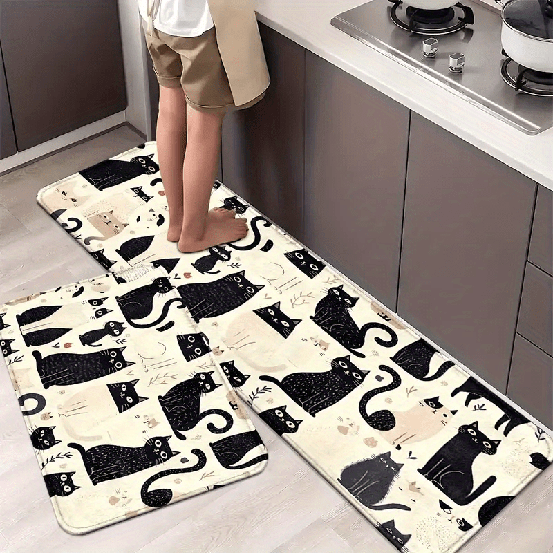 TEMU 1pc Cat Pattern Non-slip Kitchen Floor Mat - Washable Rectangular Black & White Cat Design With Rubber Backing, Soft Non-woven Fabric & Flannel
