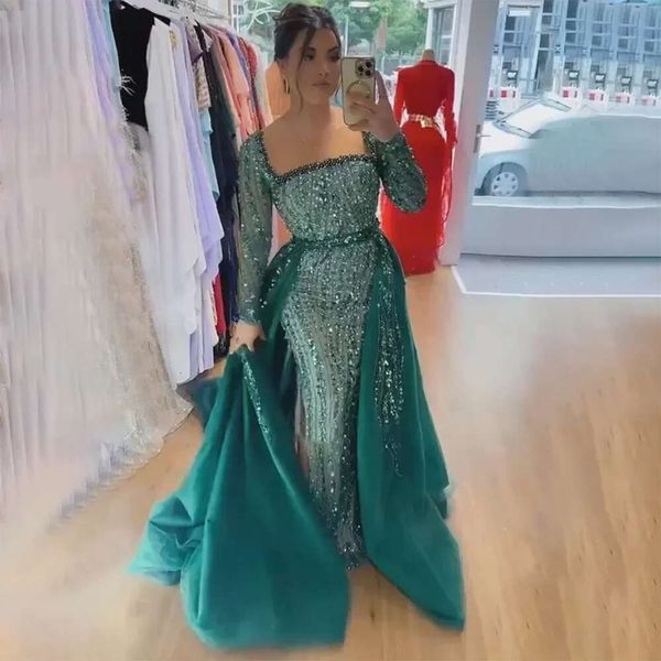 Arabic Serene Hill Green With Overskirt Mermaid Beaded Evening Dresses Gowns 2024 For Formal Ocn Prom mal