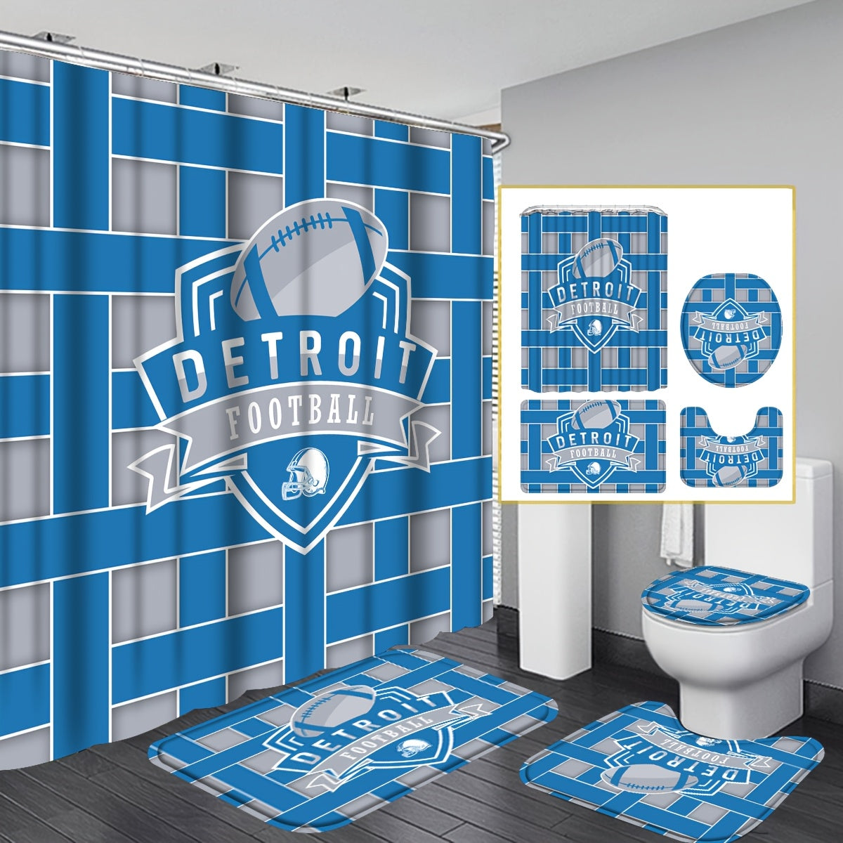 TEMU 4pcs-1pc Bath Curtain - Bath Drape Set With Non-slip, Toilet , Toilet Seat Cover, 4pcs Detroit Sport-themed Shower Curtain With 12 Hooks, Home
