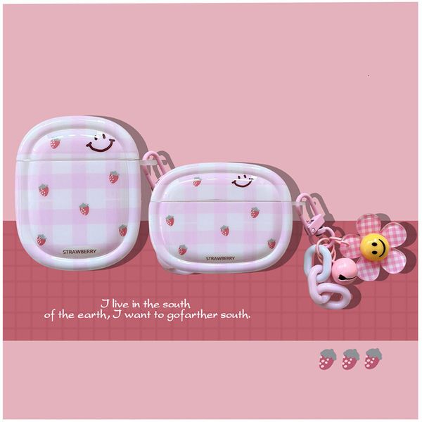 ddmygifts Pink and white checkered strawberry smiley face suitable for Pro2 Bluetooth wireless headphone case 1-2-3 generation soft