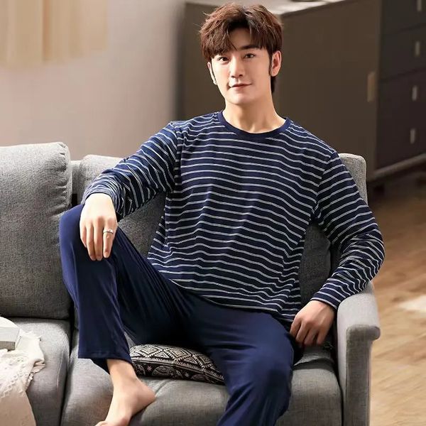 Mens Cotton Long Sleeve Striped Spring-Summer Mens Youth Winter Sleepwear 2-piece Set 241112
