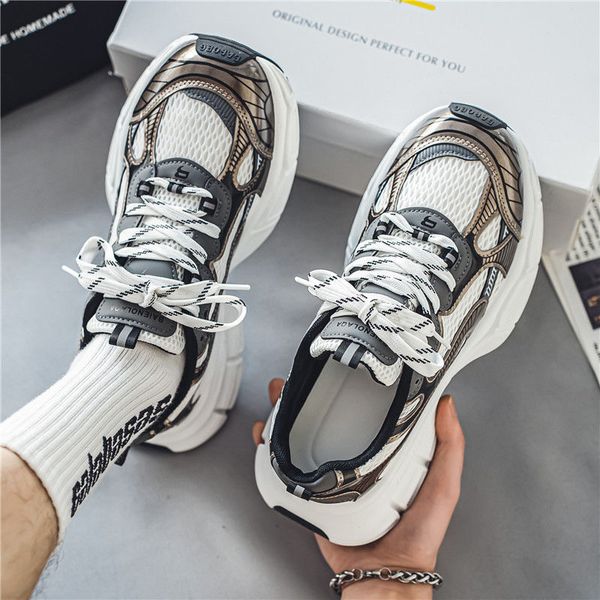 Men&#039;s summer breathable mesh shoes, youth running, sports, leisure, thick soles, high inner height, little white dad trendy shoes
