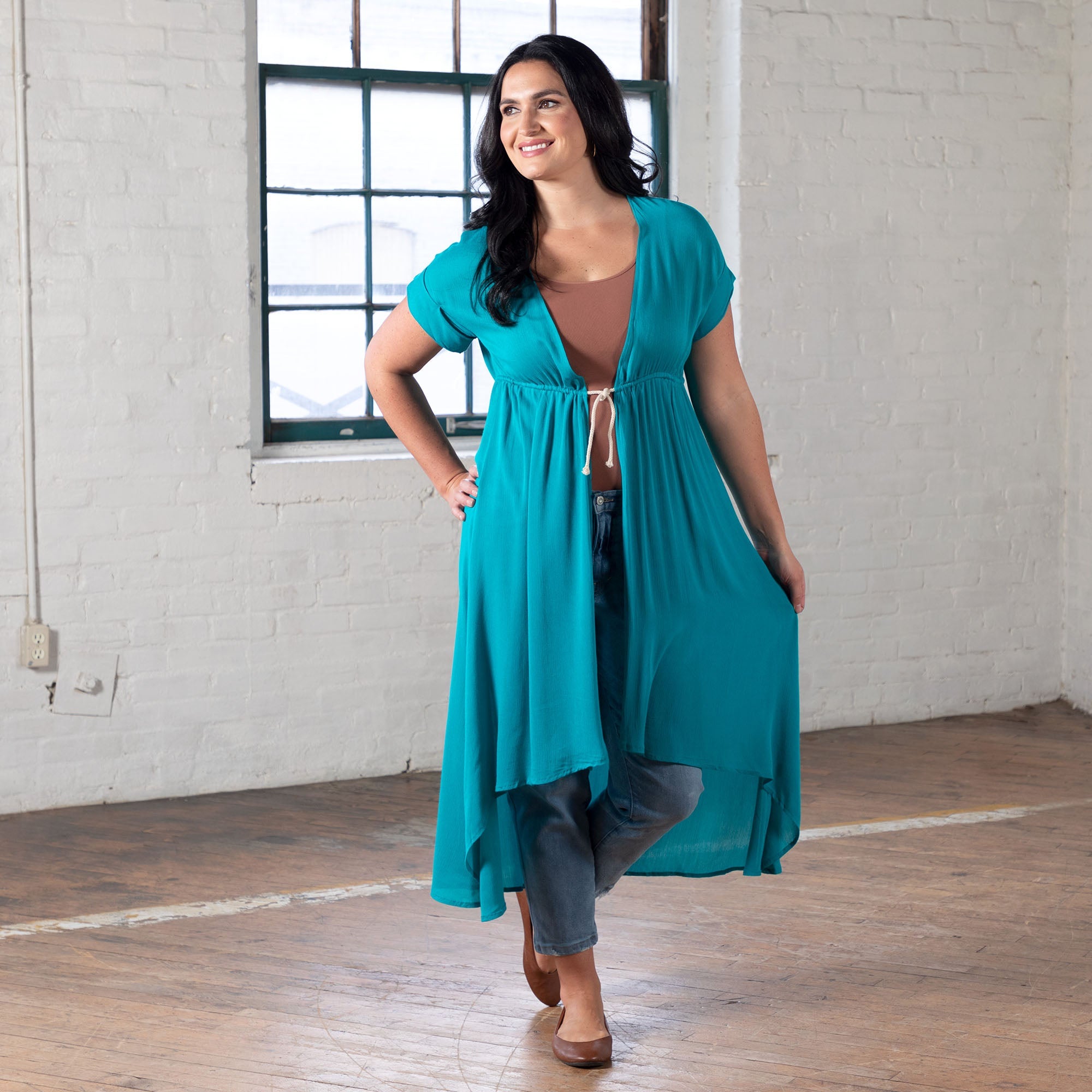 Short Sleeve Sheer Duster Cardigan - Teal - S-M