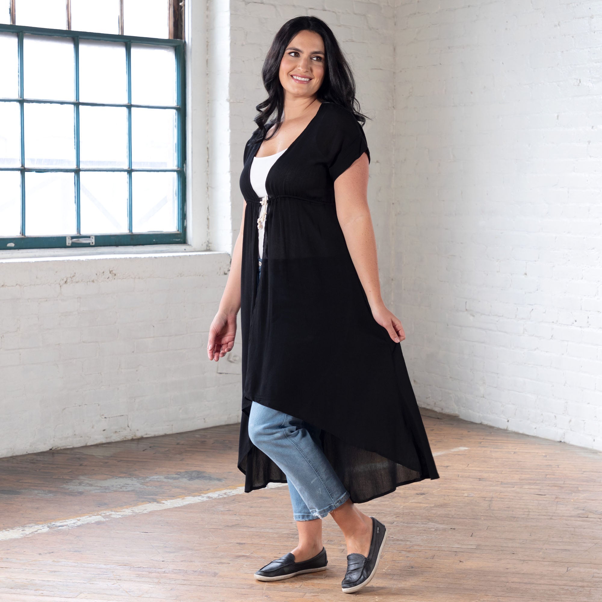 Short Sleeve Sheer Duster Cardigan - Black - S-M