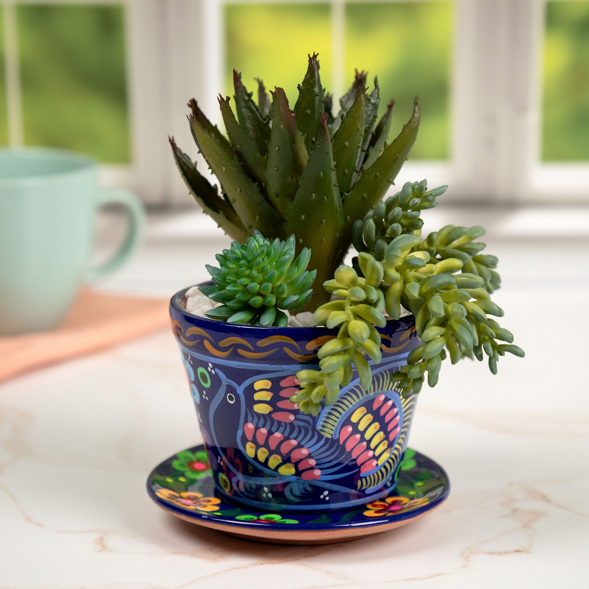 Fiesta Hand Painted Small Ceramic Planter - Blue - Plate & Pot