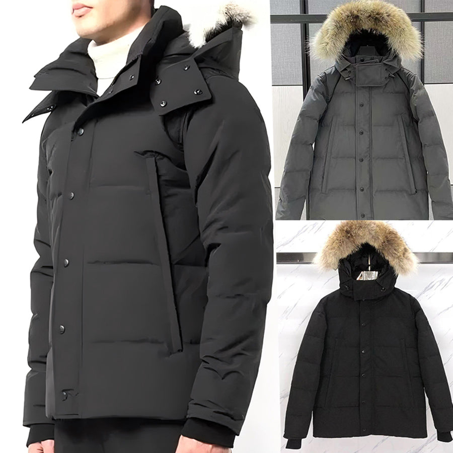 mens puffer jacket Wolf fur collar with large pockets designer jacket Wyndham Parker hooded thickened coat Keep warm and windproof top black mark co