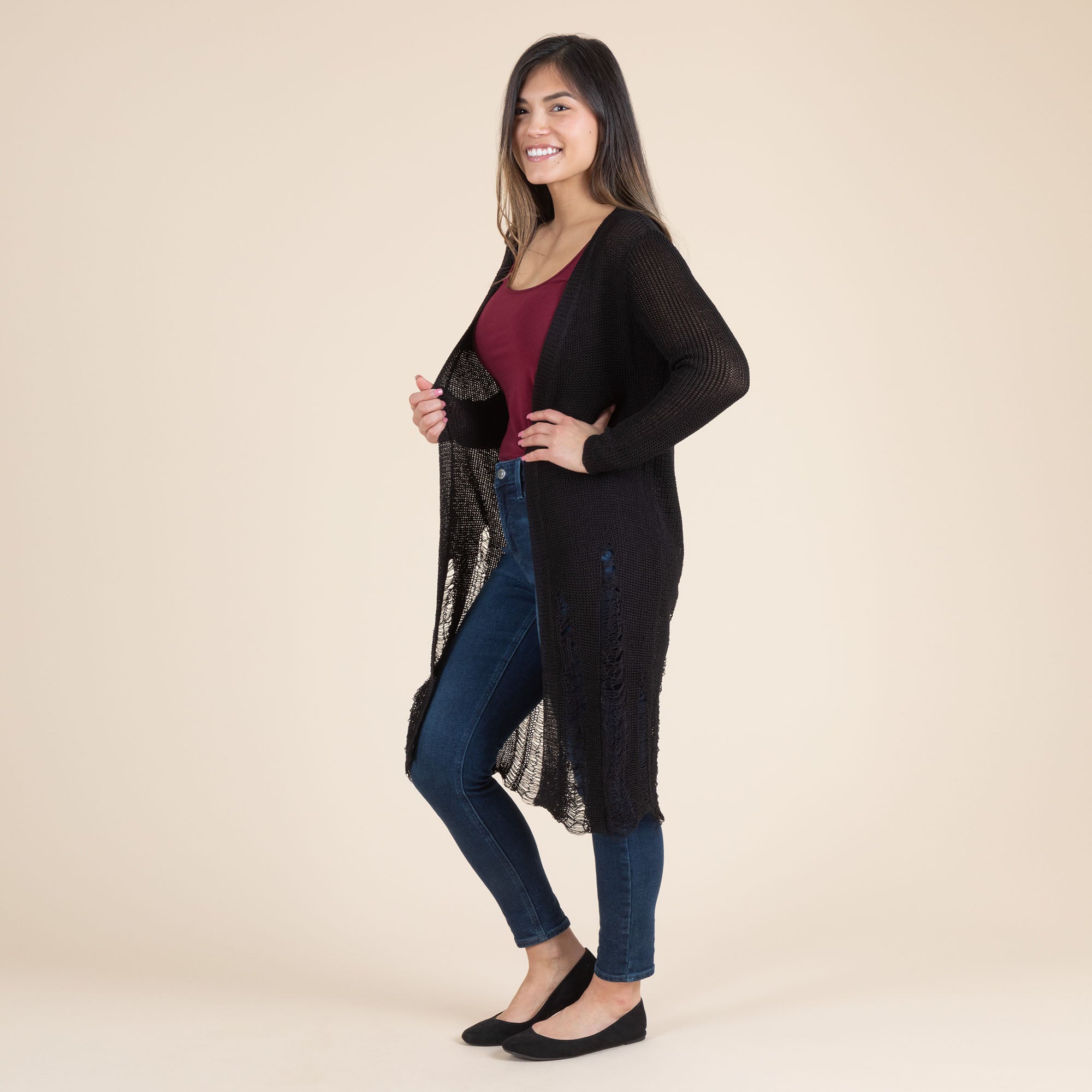 Distressed Long Cardigan - Black - S-M
