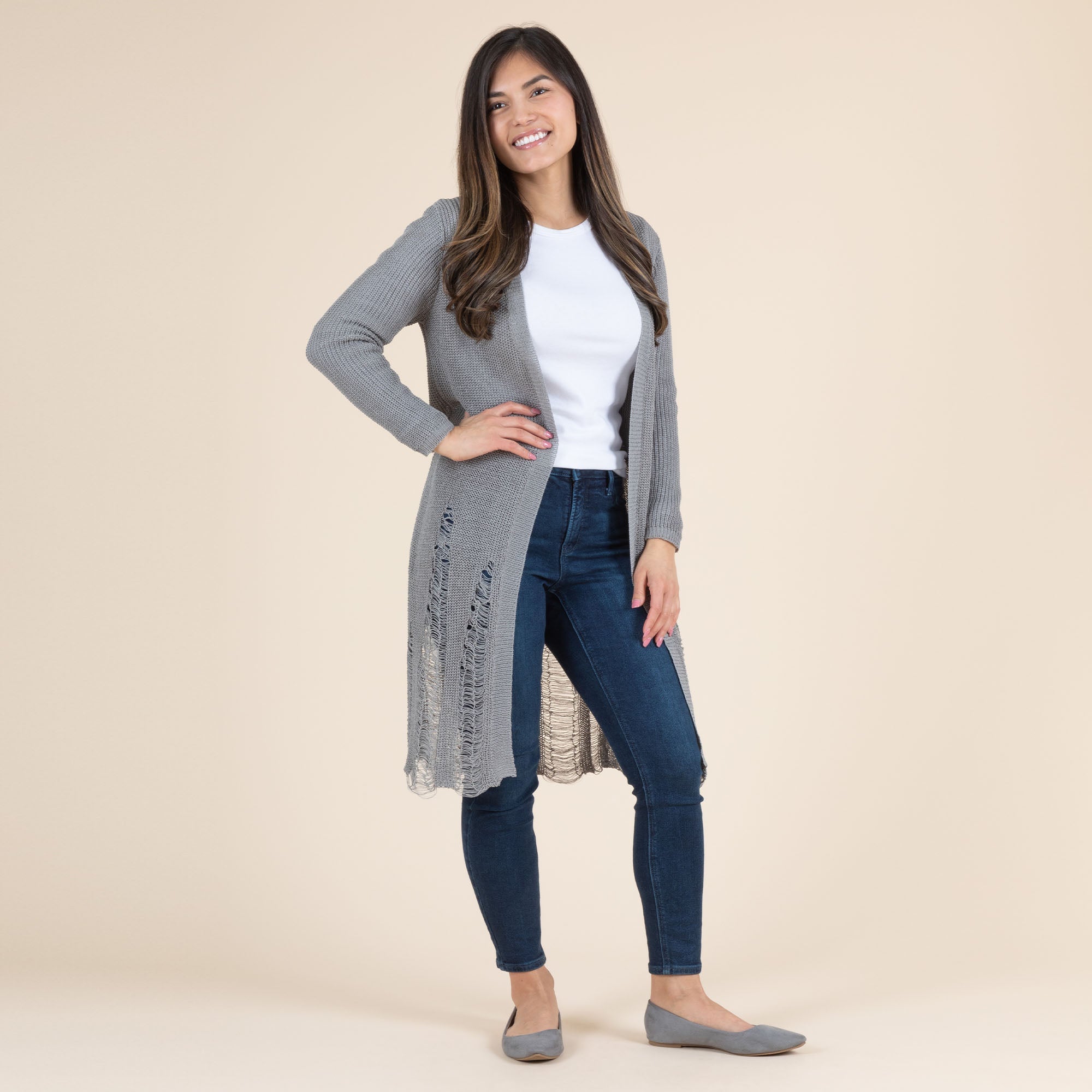 Distressed Long Cardigan - Gray - S-M