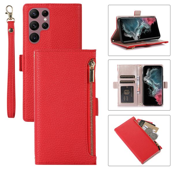 Wristband Folio Zipper Phone Cases for iPhone 14 13 12 11 Pro Max Samsung Galaxy S22 Ultra S23 Plus Google Pixel 8 8Pro 7A Lychee Grain Leat