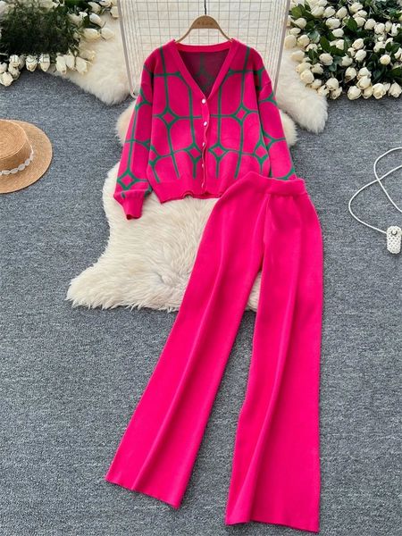 Basics Print Knit Two Pieces Sets Autumn Winter Single Breasted CardiganWide Leg Long Pants Fashion Streetwear Suits 250114